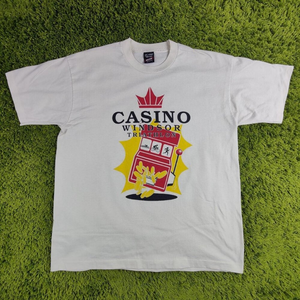 Vintage 90s 'Windsor Casino Triathlon' off-white single stitch t-shirt men's XL